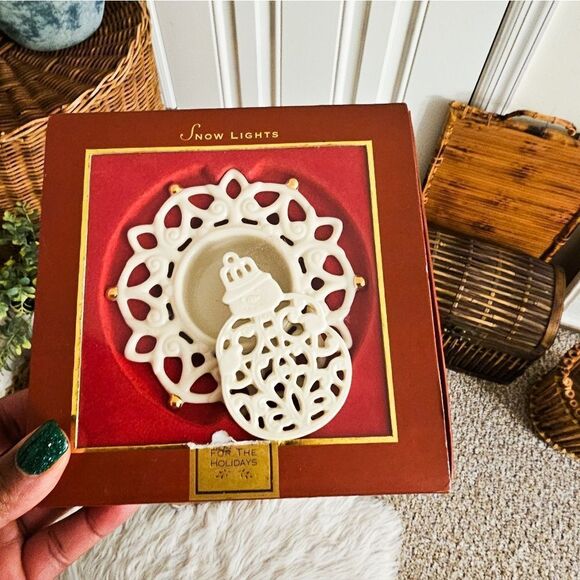 New VTG Set Of 2 Lenox Tealight Candle Holder & A Pierced Snowman Charm Decor. - Picture 5 of 9